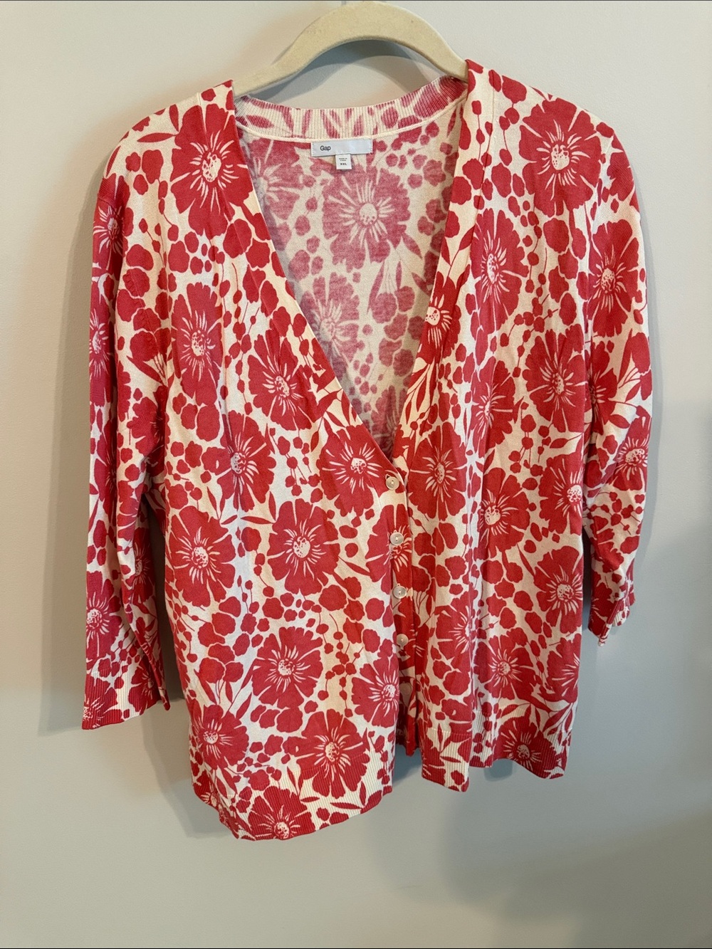 GAP Red Floral Button-Up Cardigan on Cream